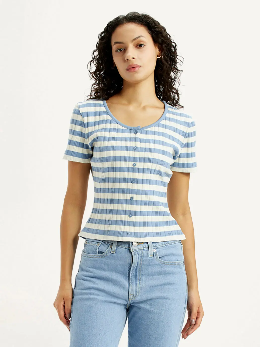 Women's Striped Light Blue Scoop Neck Top 2