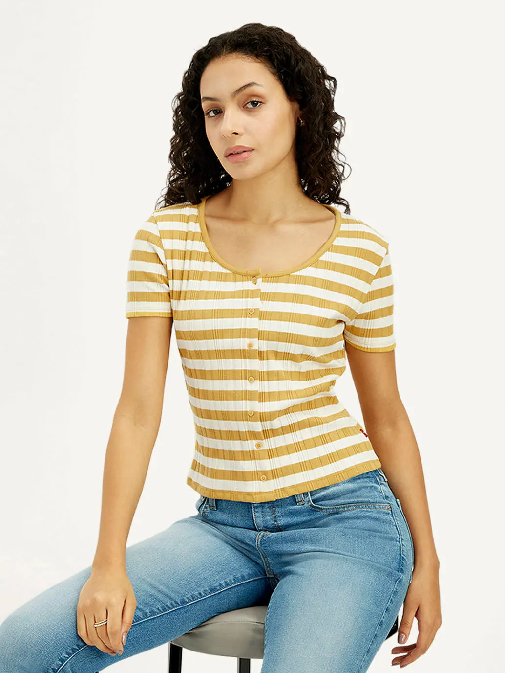 Women's Striped Yellow Scoop Neck Top 1