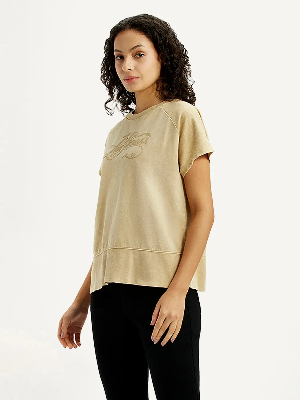 Women's Brand Logo Beige Relaxed Fit T-Shirt 5