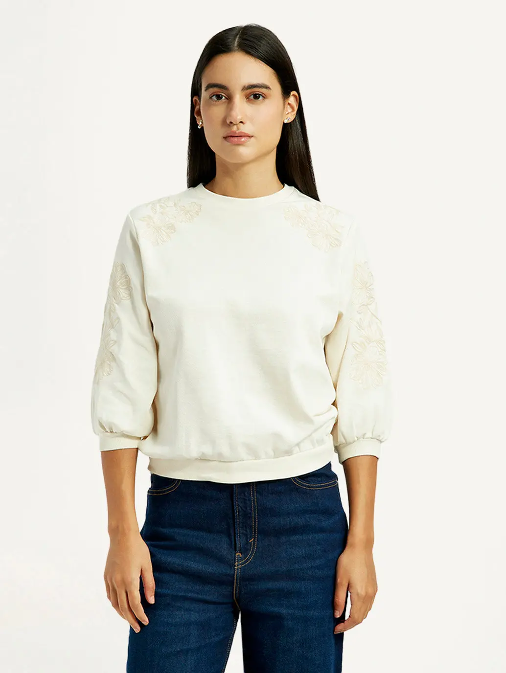 Women's Embroidered Cream Crew Neck Top 1
