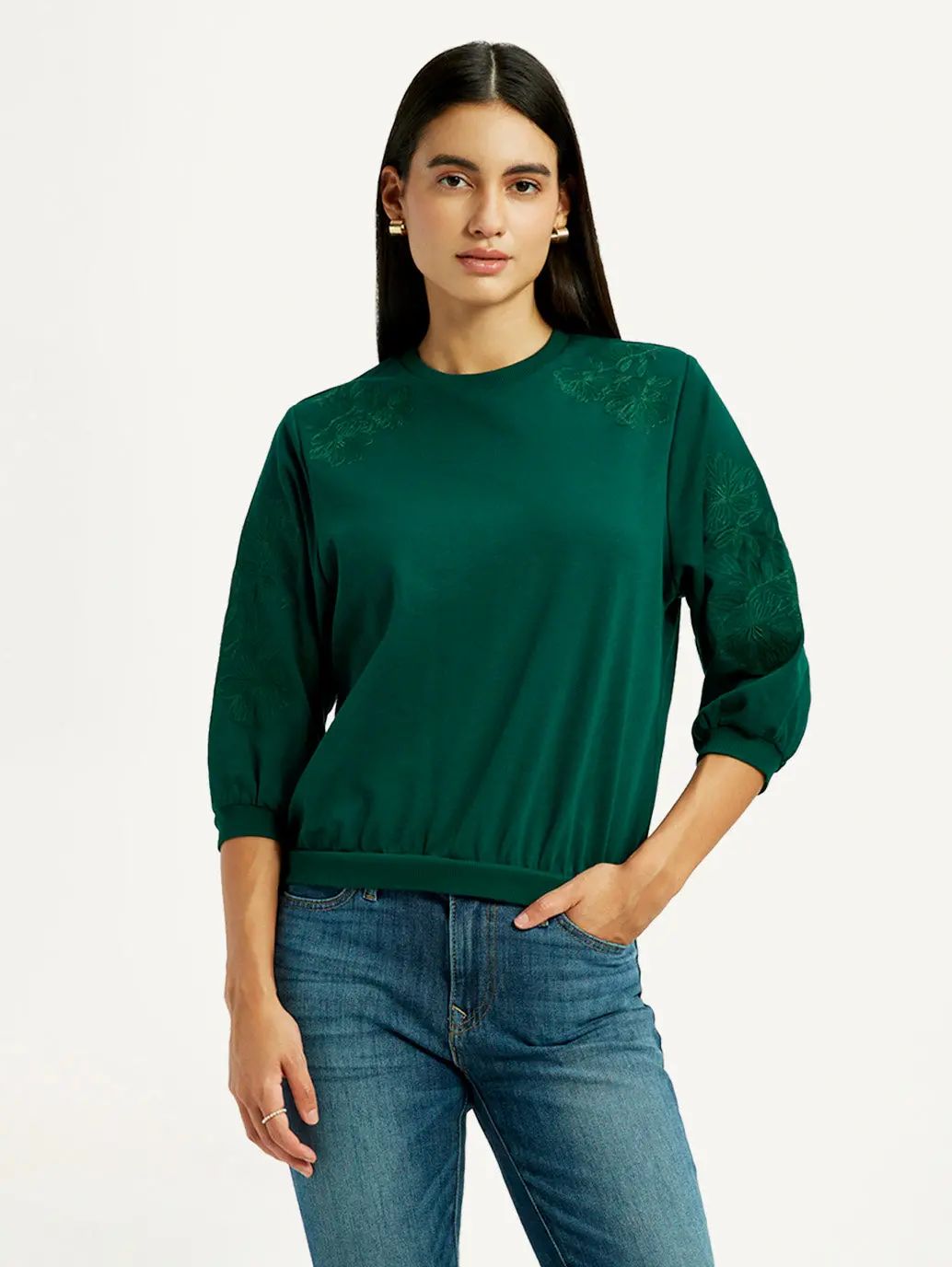 Women's Embroidered Dark Green Crew Neck Top 1