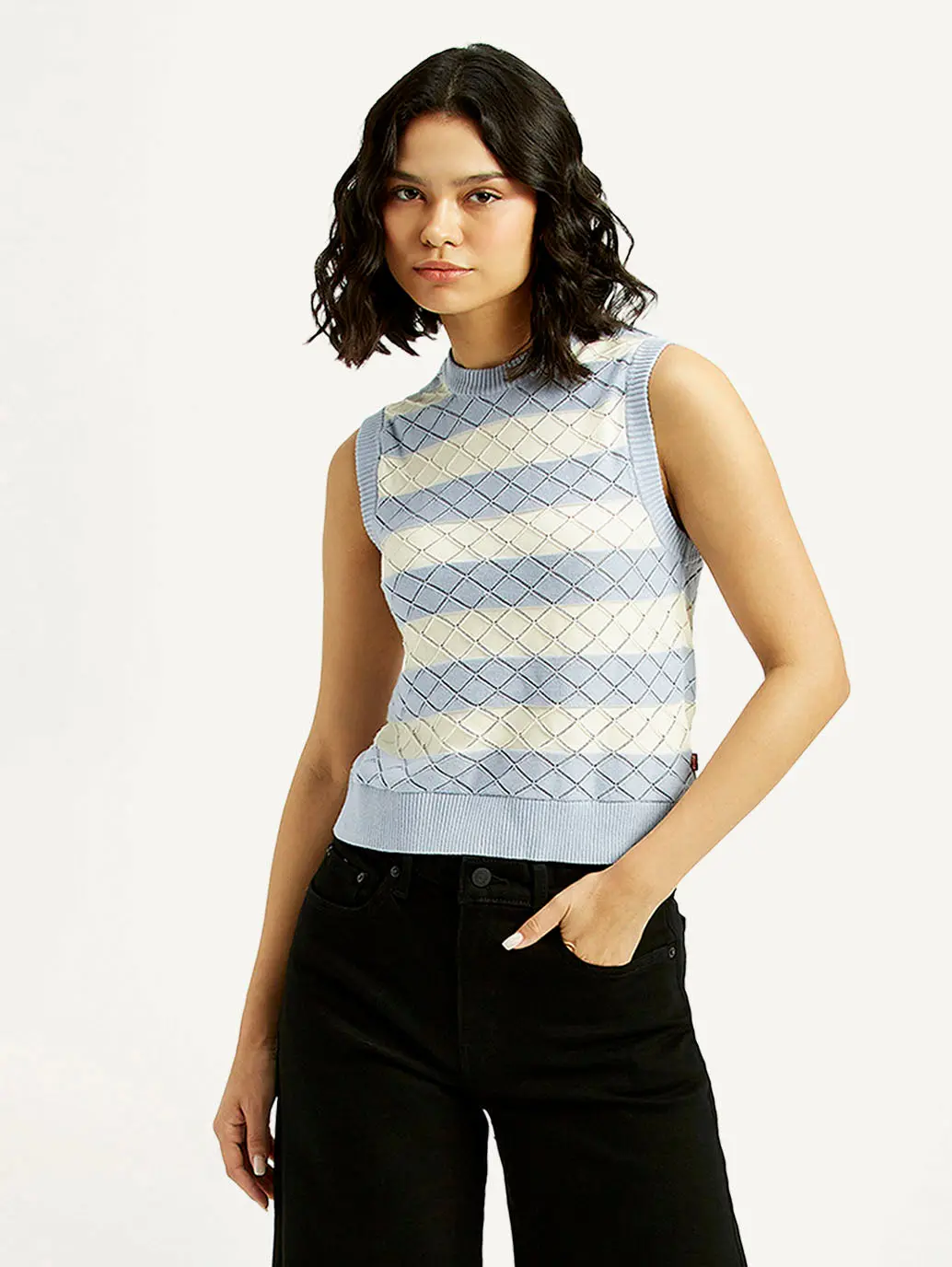 Women's Striped Light Blue Crew Neck Sweater Vest 1