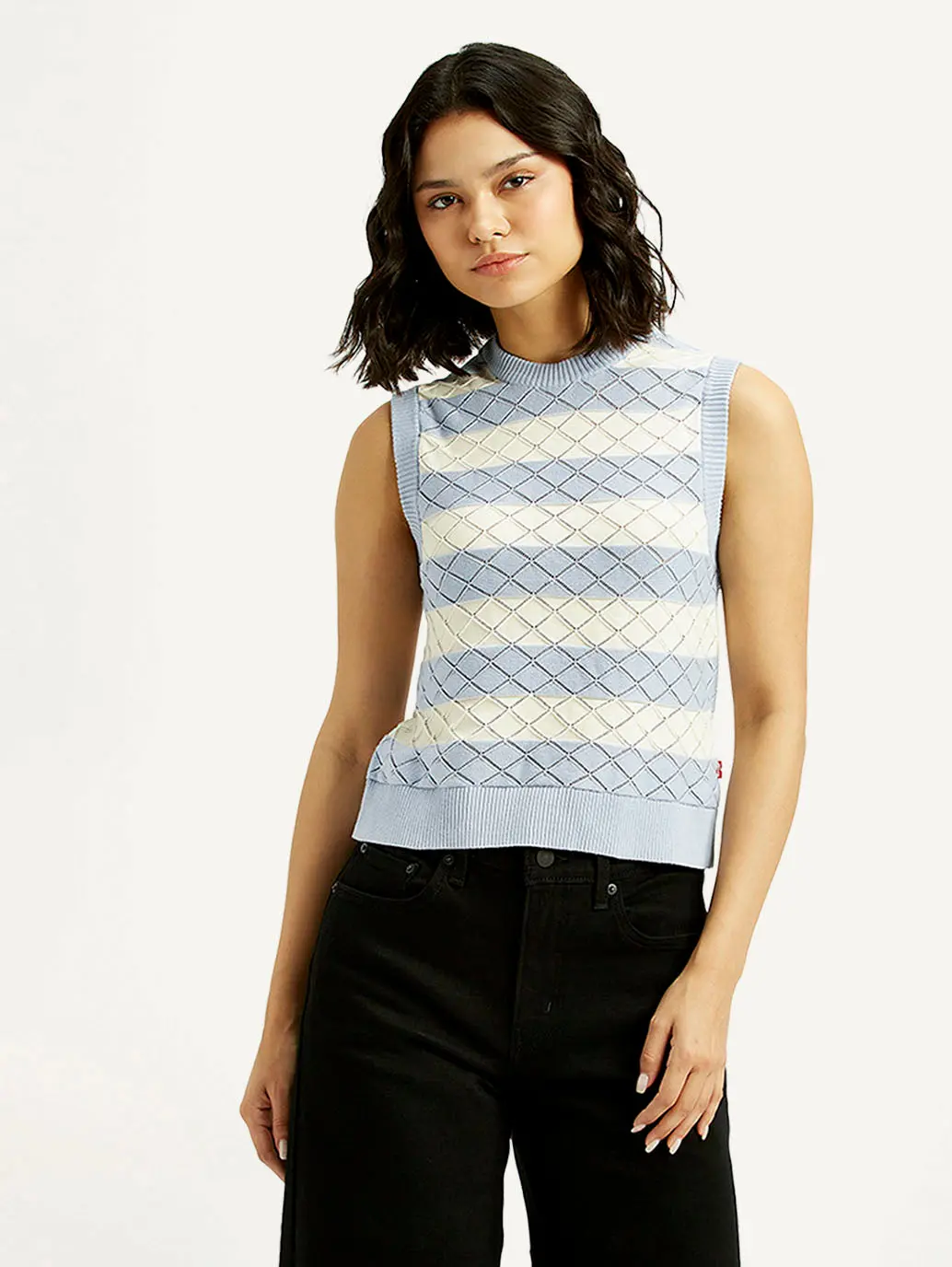 Women's Striped Light Blue Crew Neck Sweater Vest 2