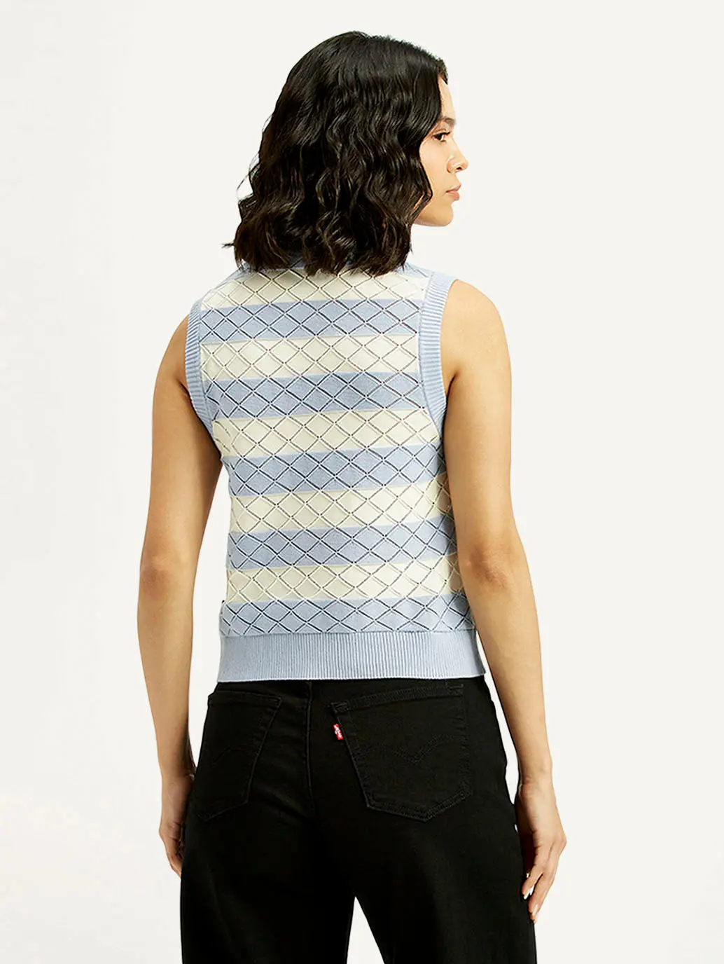 Women's Striped Light Blue Crew Neck Sweater Vest 3