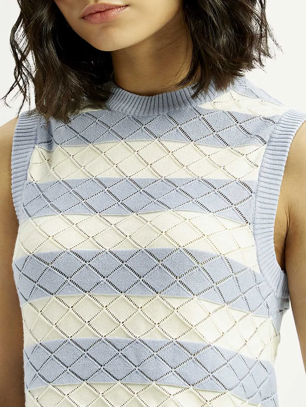 Women's Striped Light Blue Crew Neck Sweater Vest 4
