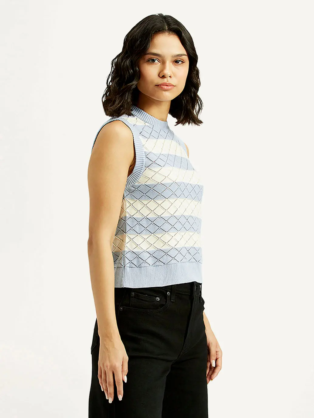 Women's Striped Light Blue Crew Neck Sweater Vest 5