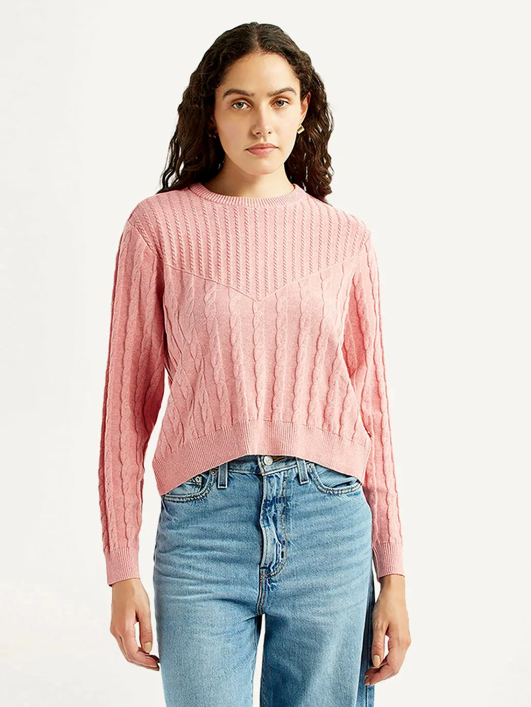 Women's Jacquard Pink Crew Neck Sweater 1