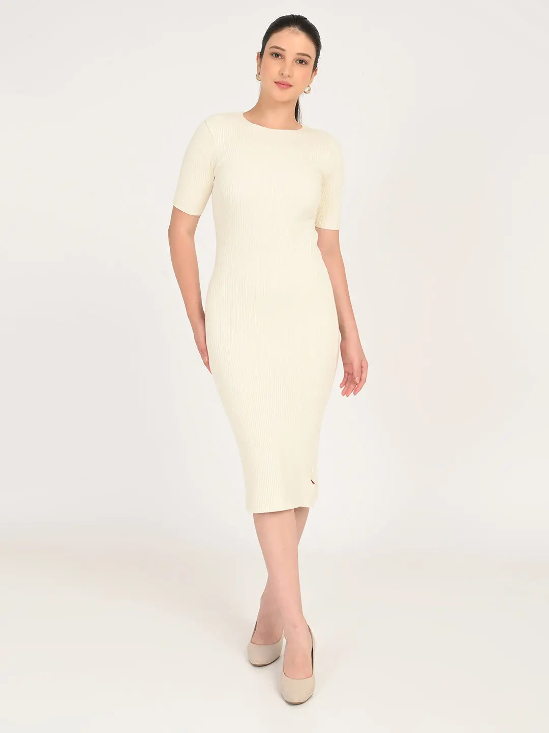 Women's Textured Cream Round Neck Dress 1