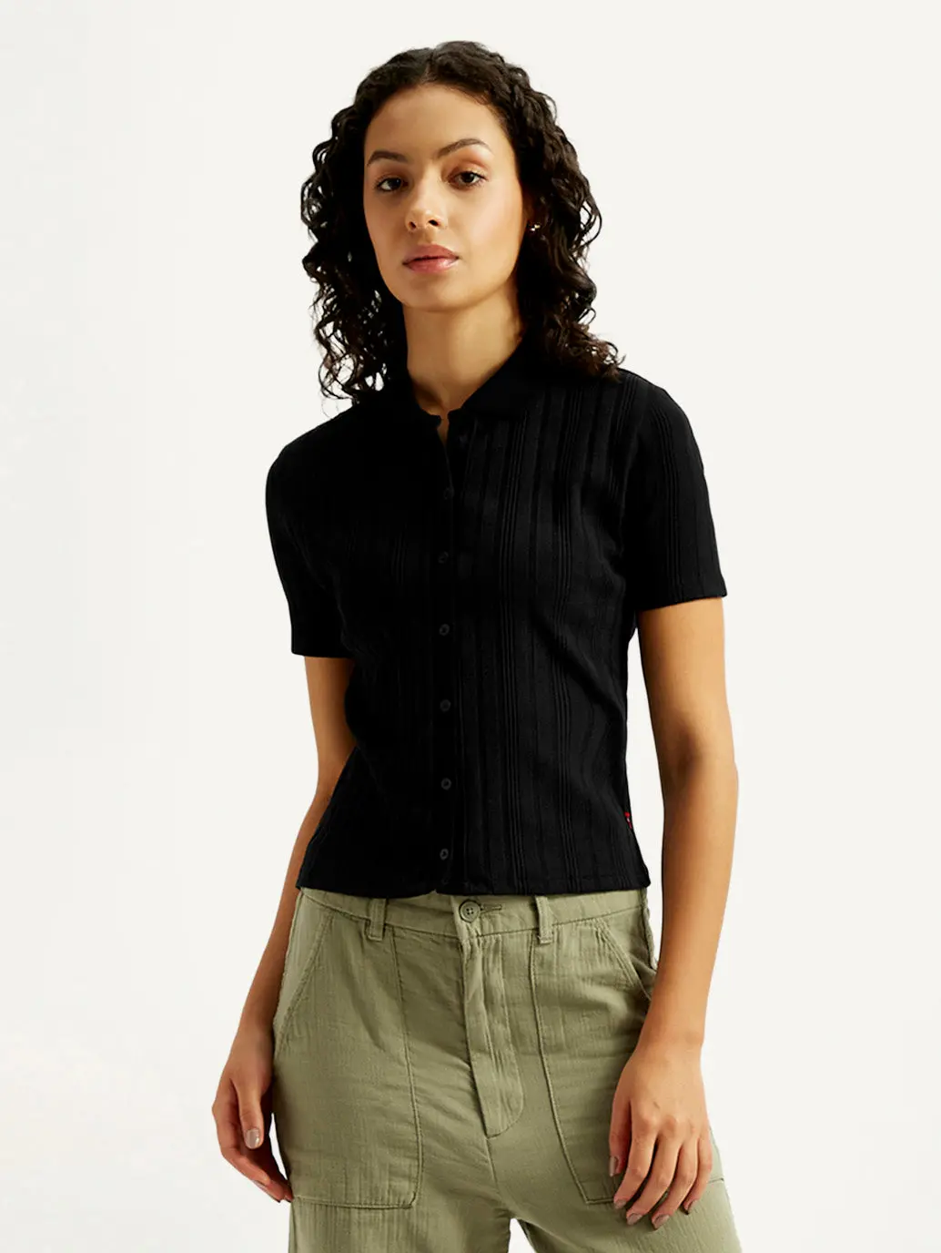 Women's Textured Slim Fit Ribbed Polo Shirt 1