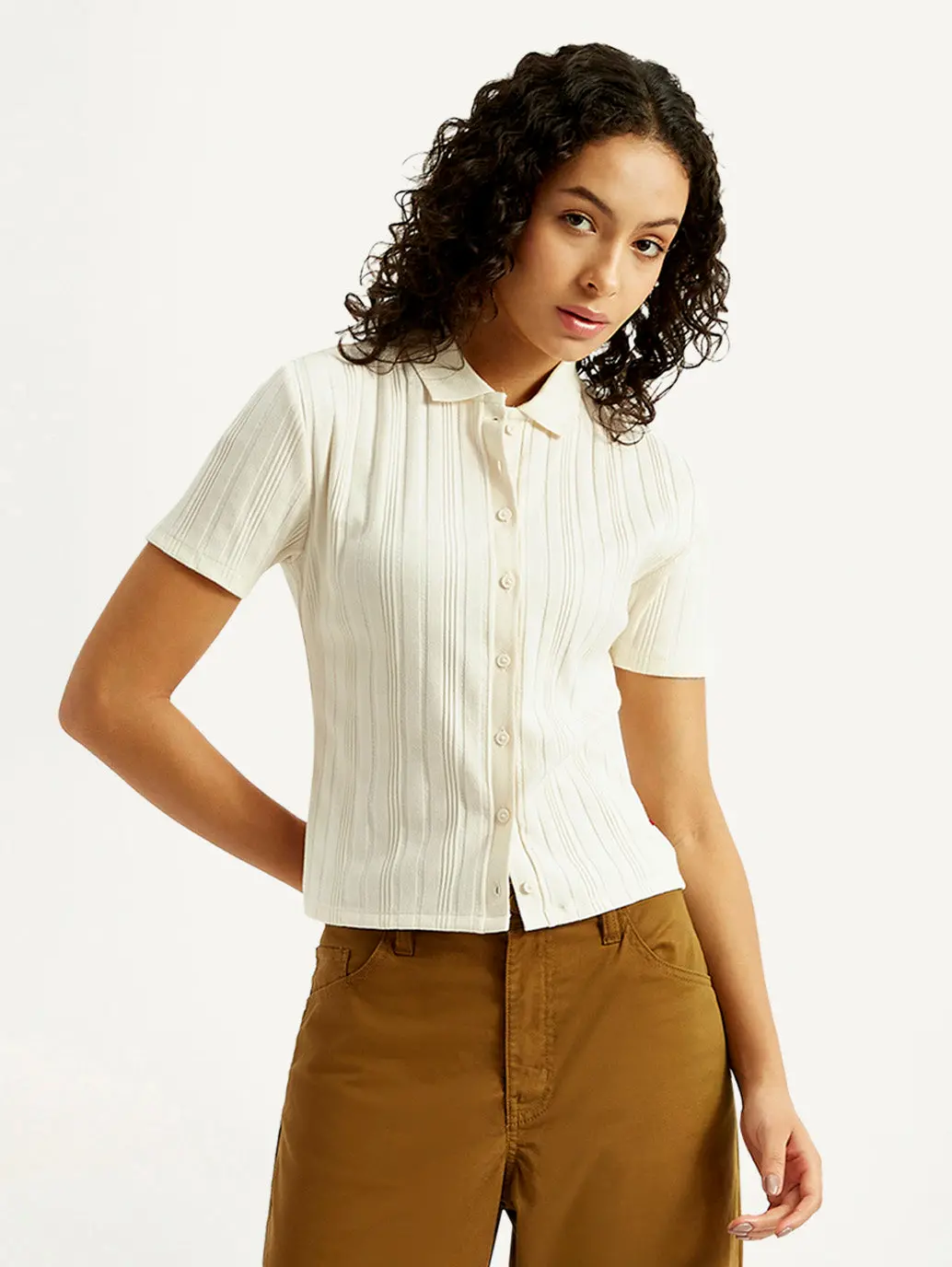 Women's Textured Slim Fit Ribbed Polo Shirt 1