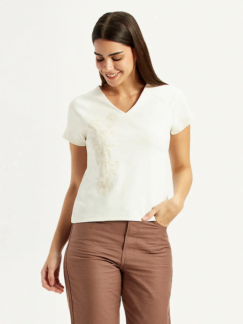 Women's Embroidered White V-Neck Top 1
