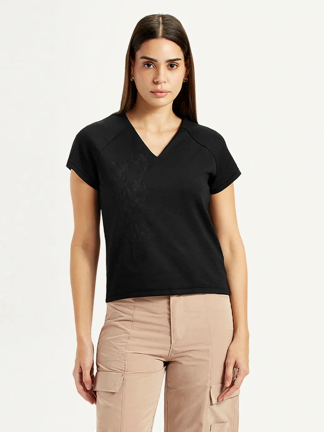 Women's Embroidered Black V-Neck Top 1