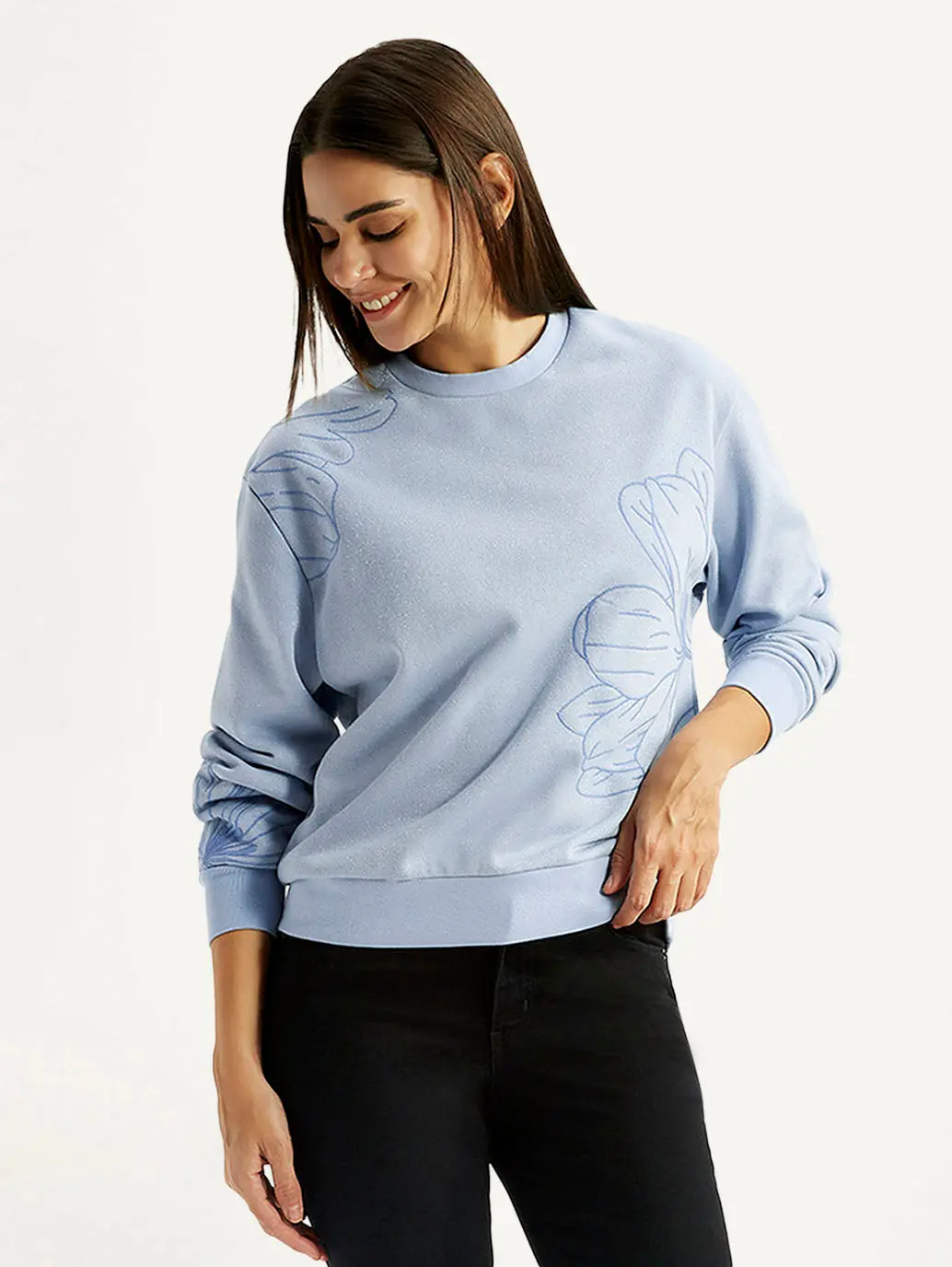 Women's Floral Blue Crew Neck Sweatshirt 1