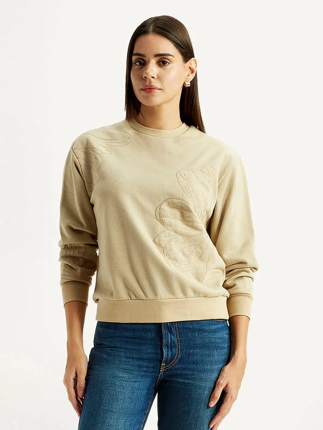 Women's Embroidered Beige Crew Neck Sweatshirt 1