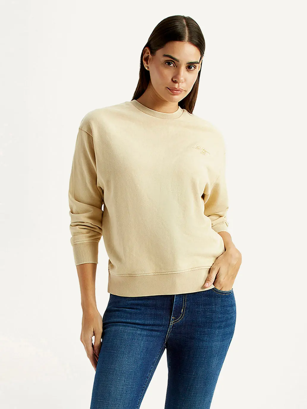 Women's Solid Beige Crew Neck Sweatshirt 1