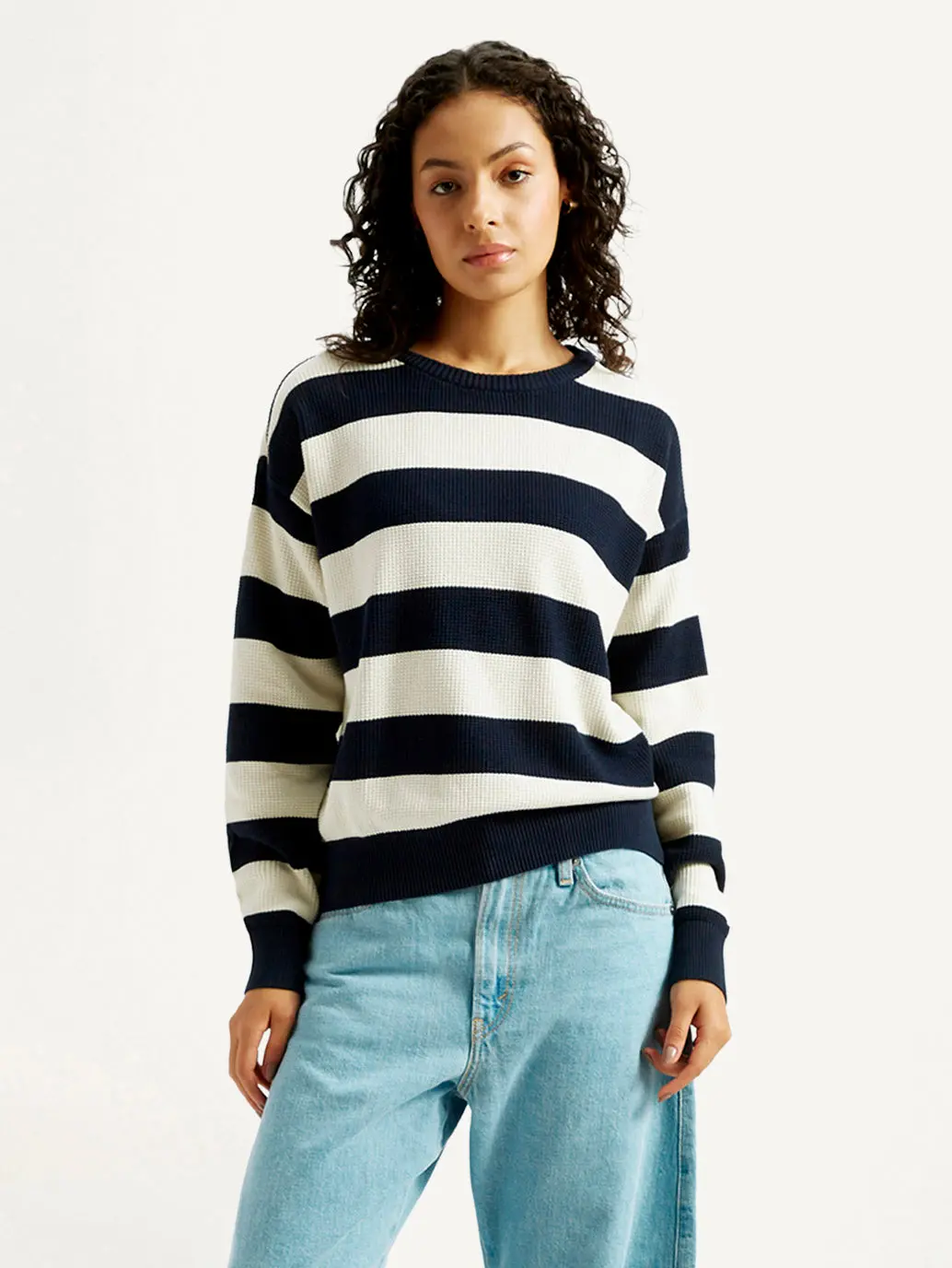 Women's Striped Navy Crew Neck Sweater 1