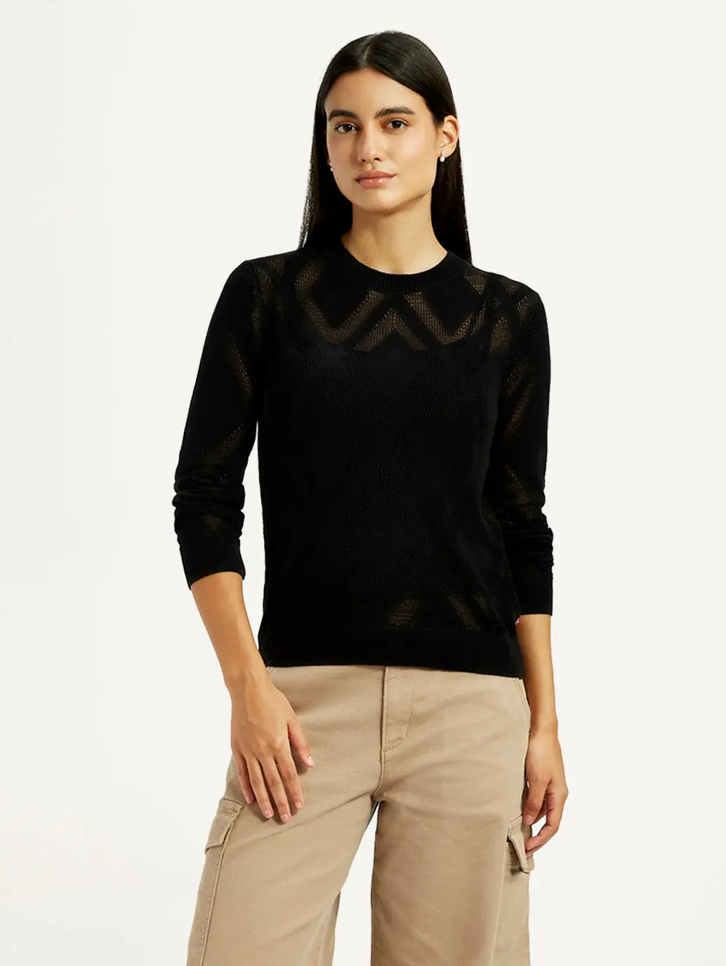 Women's Self Design Black Round Neck Sweater 1