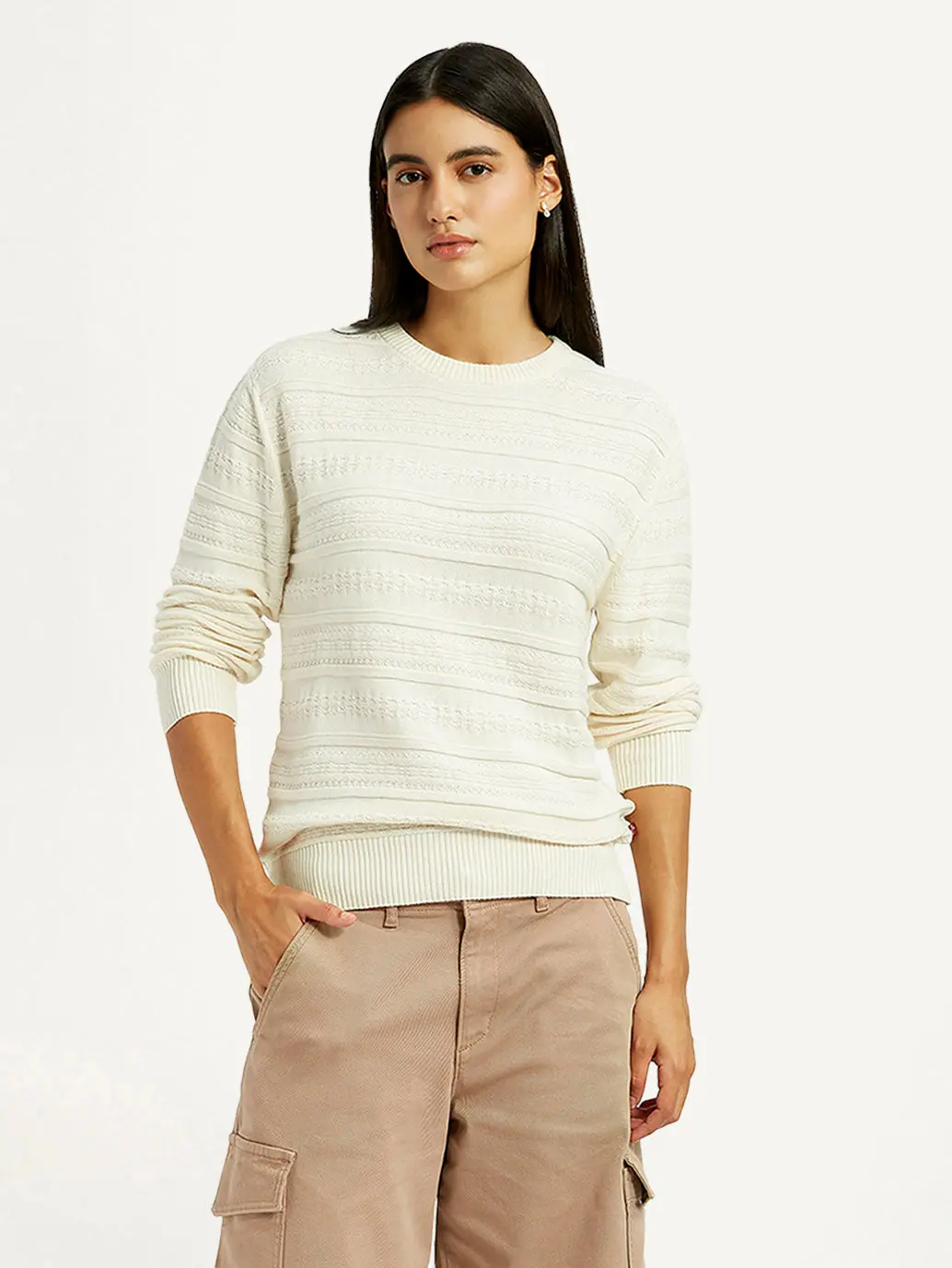 Women's Self Design Off White Round Neck Sweater 1