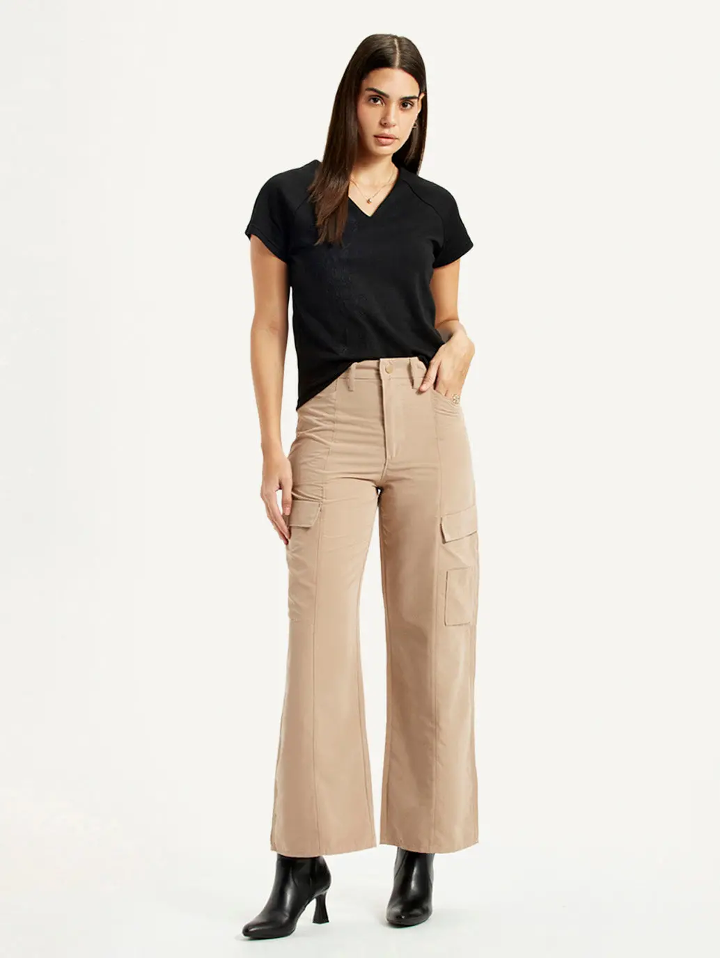 Women's High Rise Beige Wide Leg Fit Cargo Trouser 1