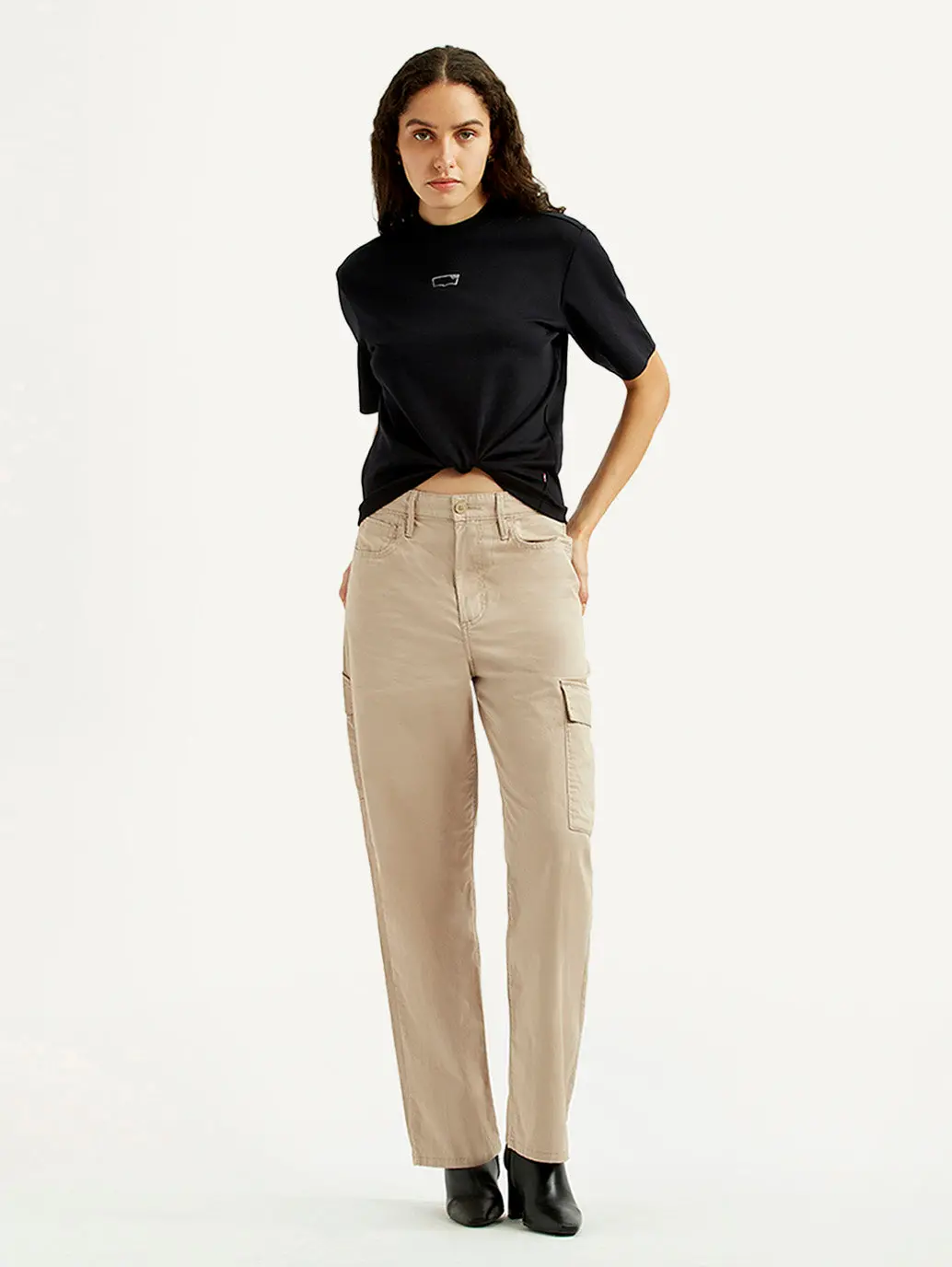 Women's High Rise Beige Ribcage Straight Fit Cargo Trousers 1