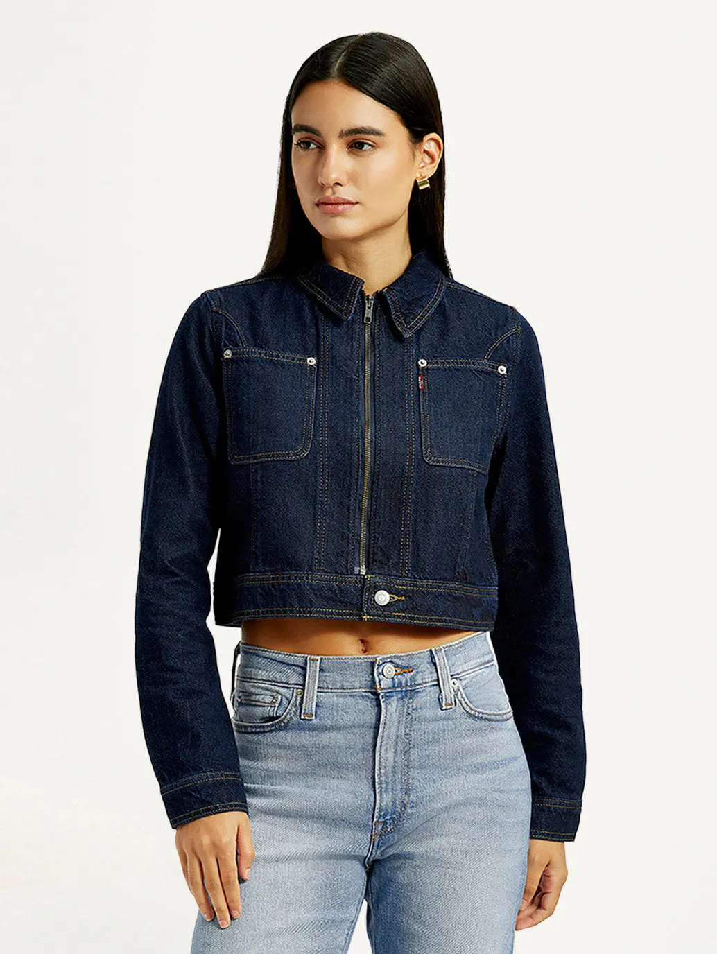 Women's Solid Navy Denim Jacket 1