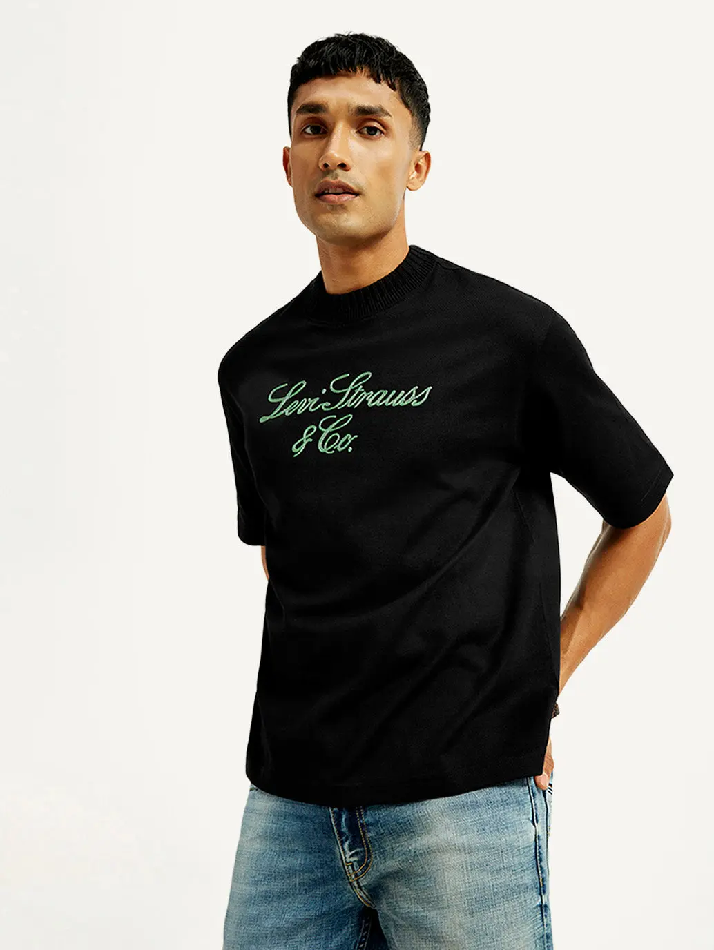 Men's Embroidered Black Crew Neck T-Shirt 1