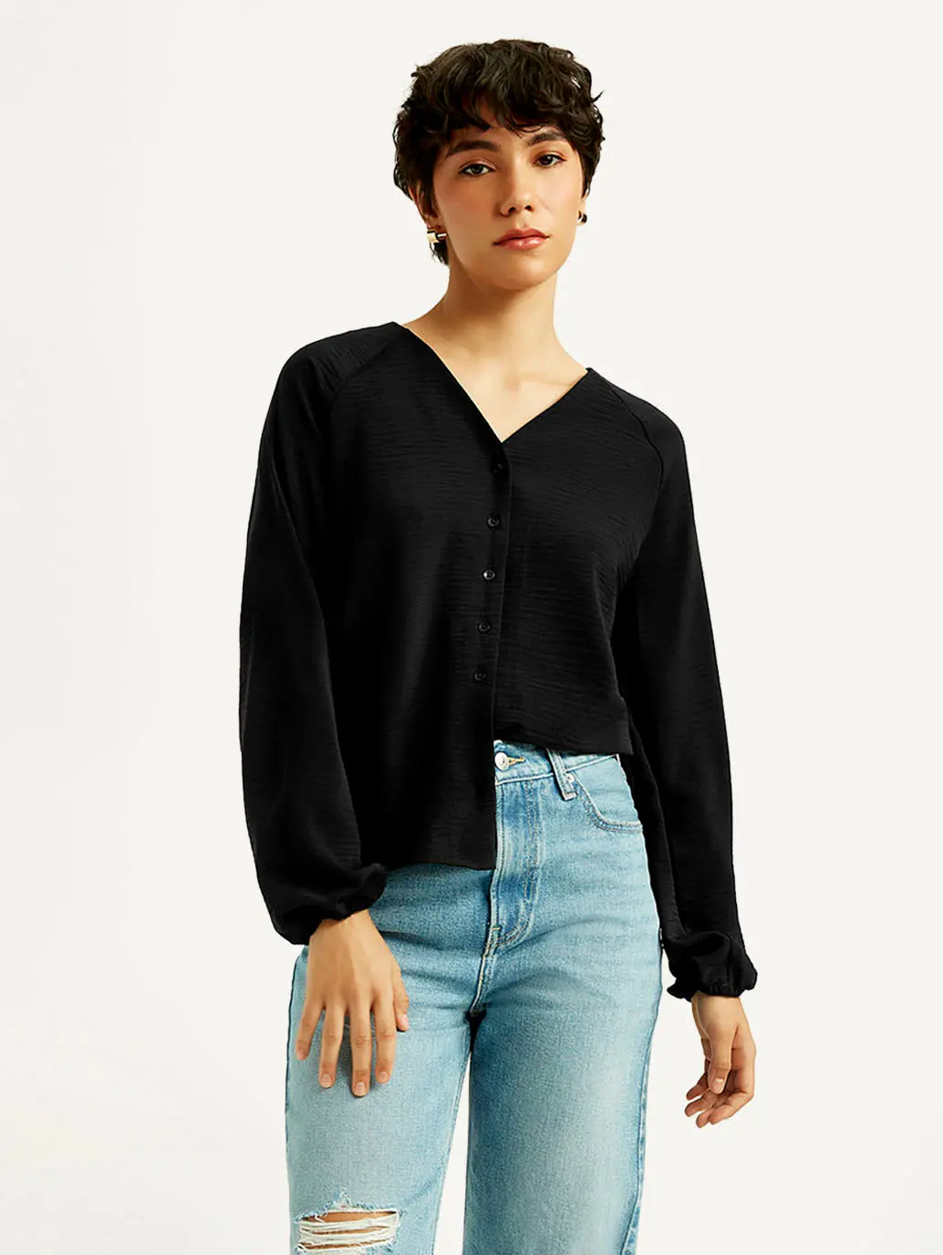 Women's Textured Black V Neck Top 1