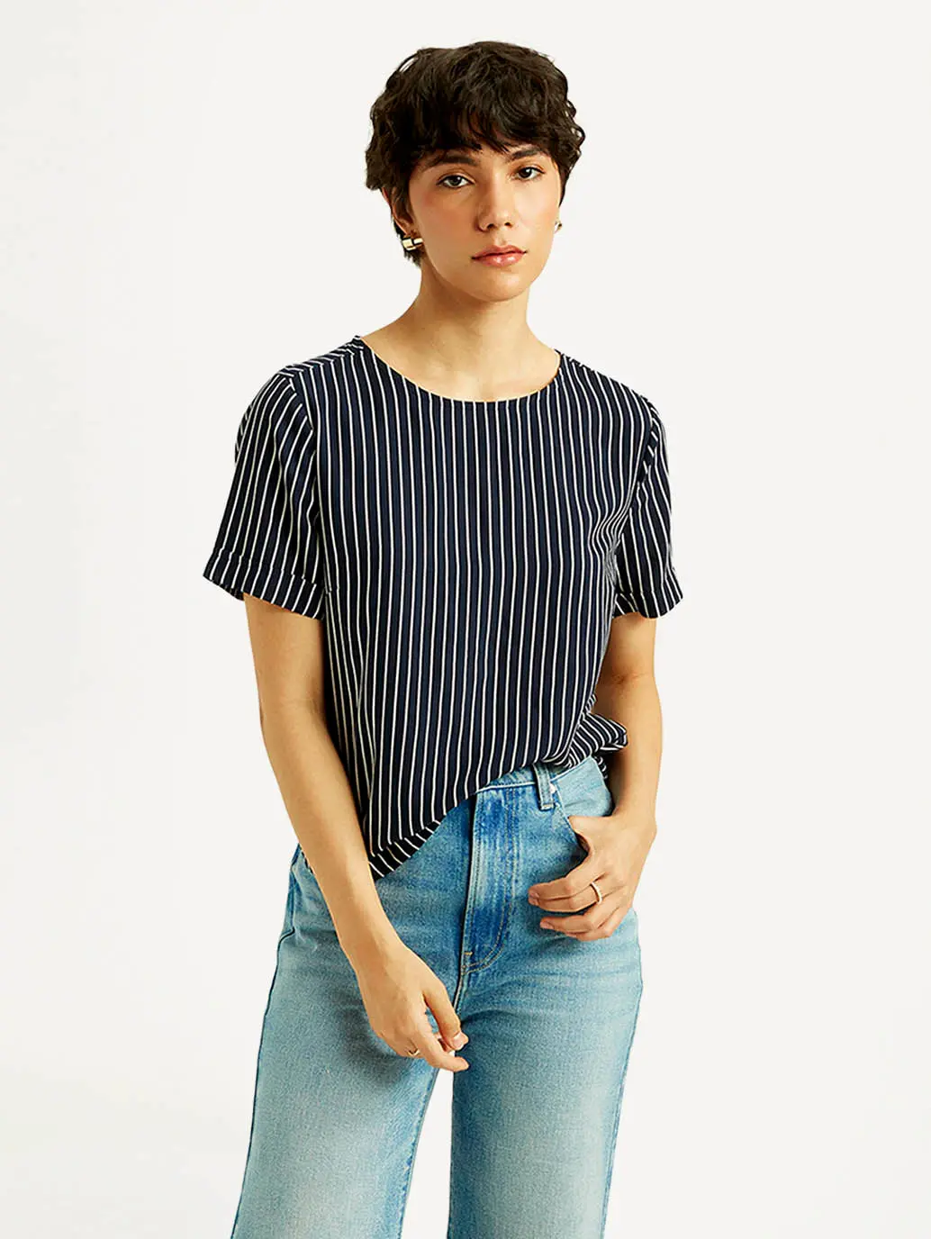 Women's Striped Navy Round Neck Top 1