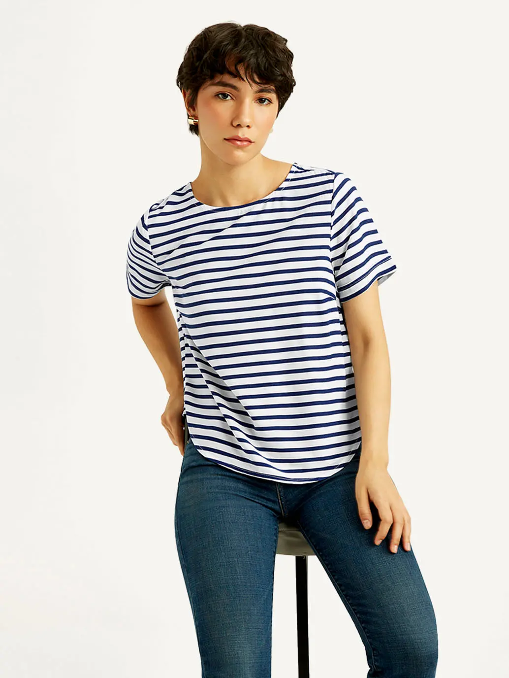 Women's Striped White Round Neck Top 1