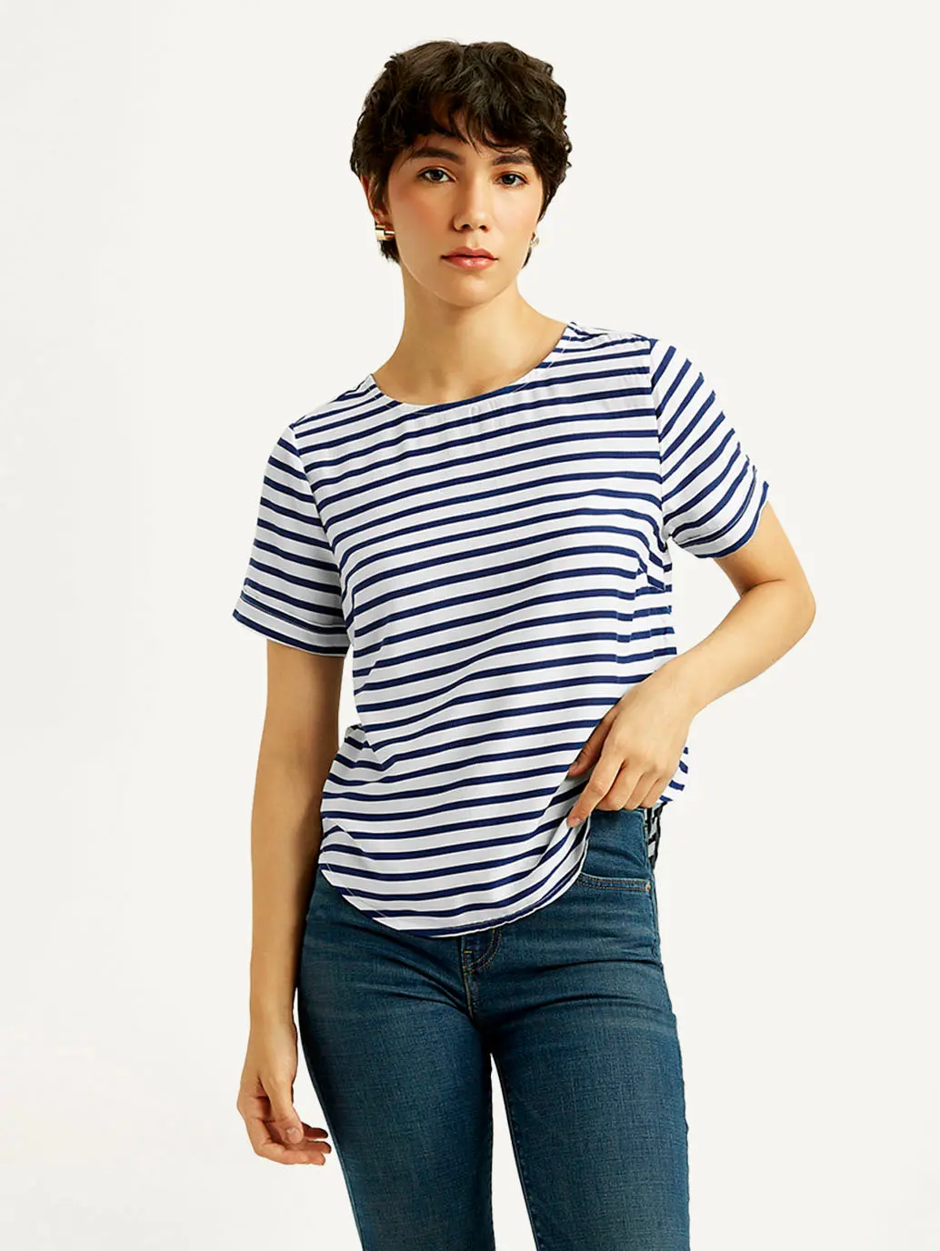 Women's Striped White Round Neck Top 2