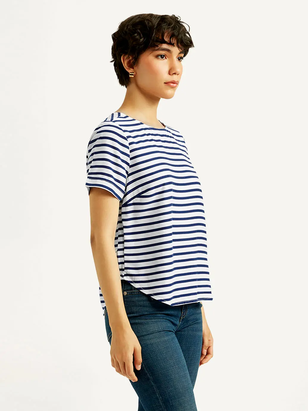 Women's Striped White Round Neck Top 5