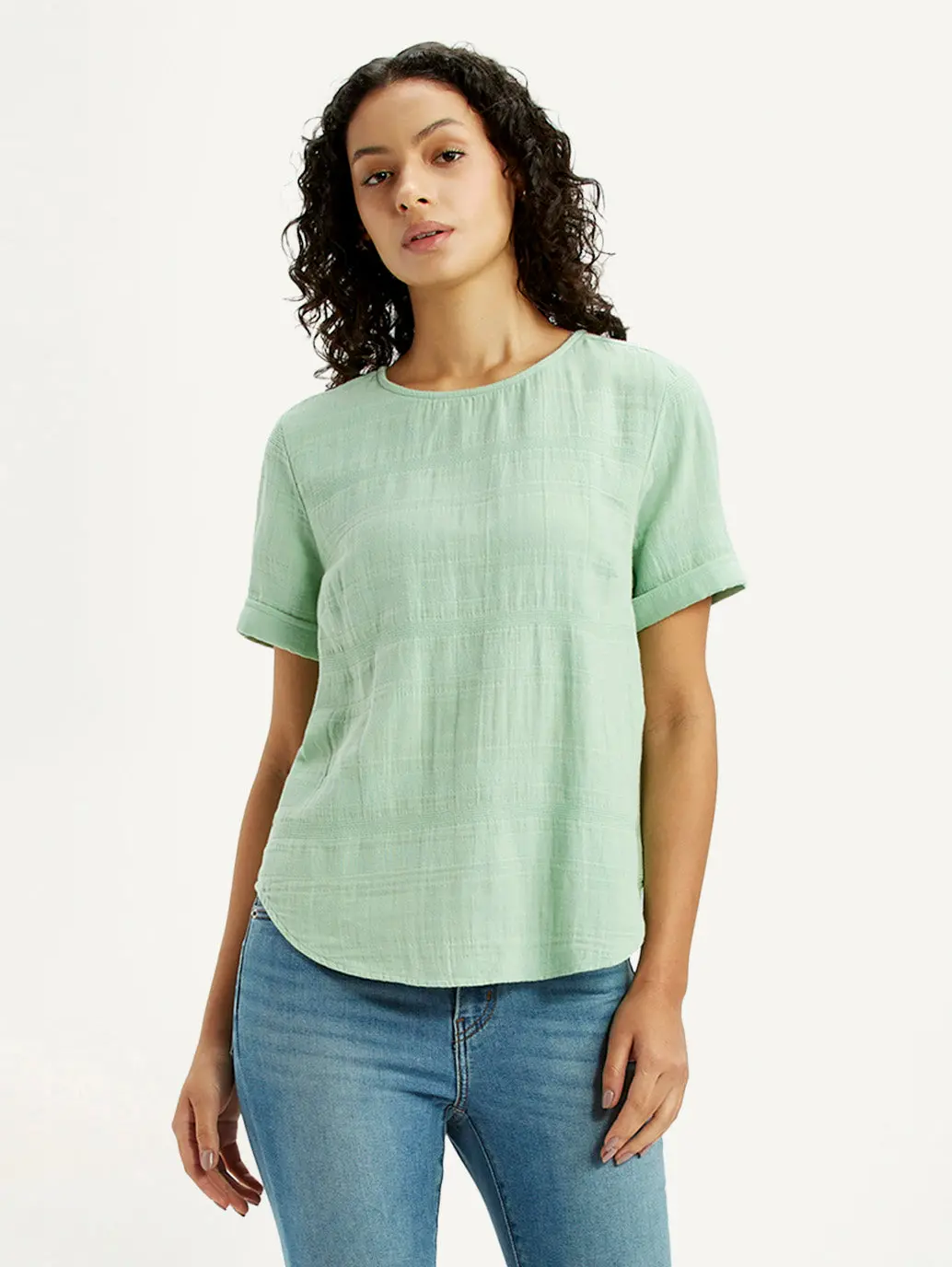 Women's Self Design Light Green Round Neck Top 1