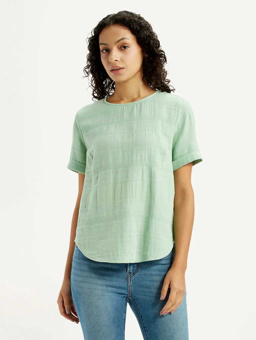 Women's Self Design Light Green Round Neck Top 2