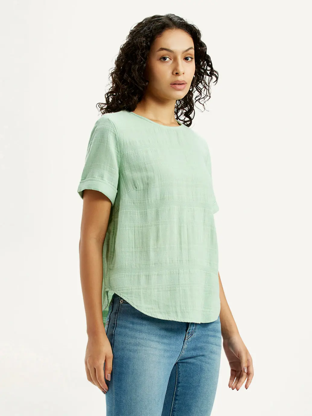 Women's Self Design Light Green Round Neck Top 5