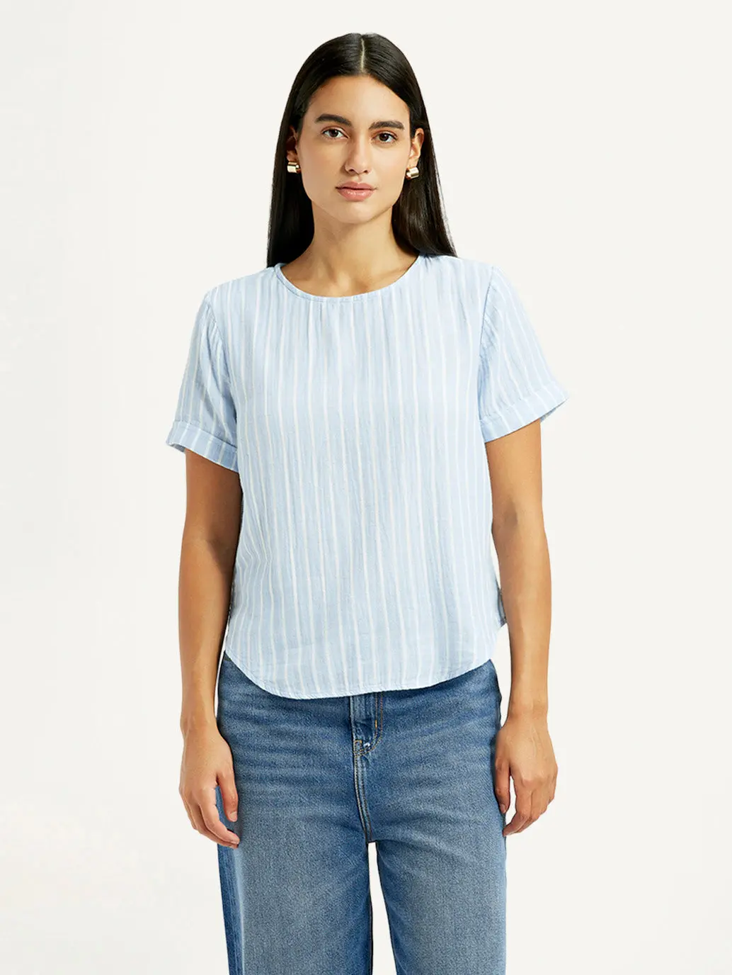 Women's Striped Light Blue Regular Fit Top 5