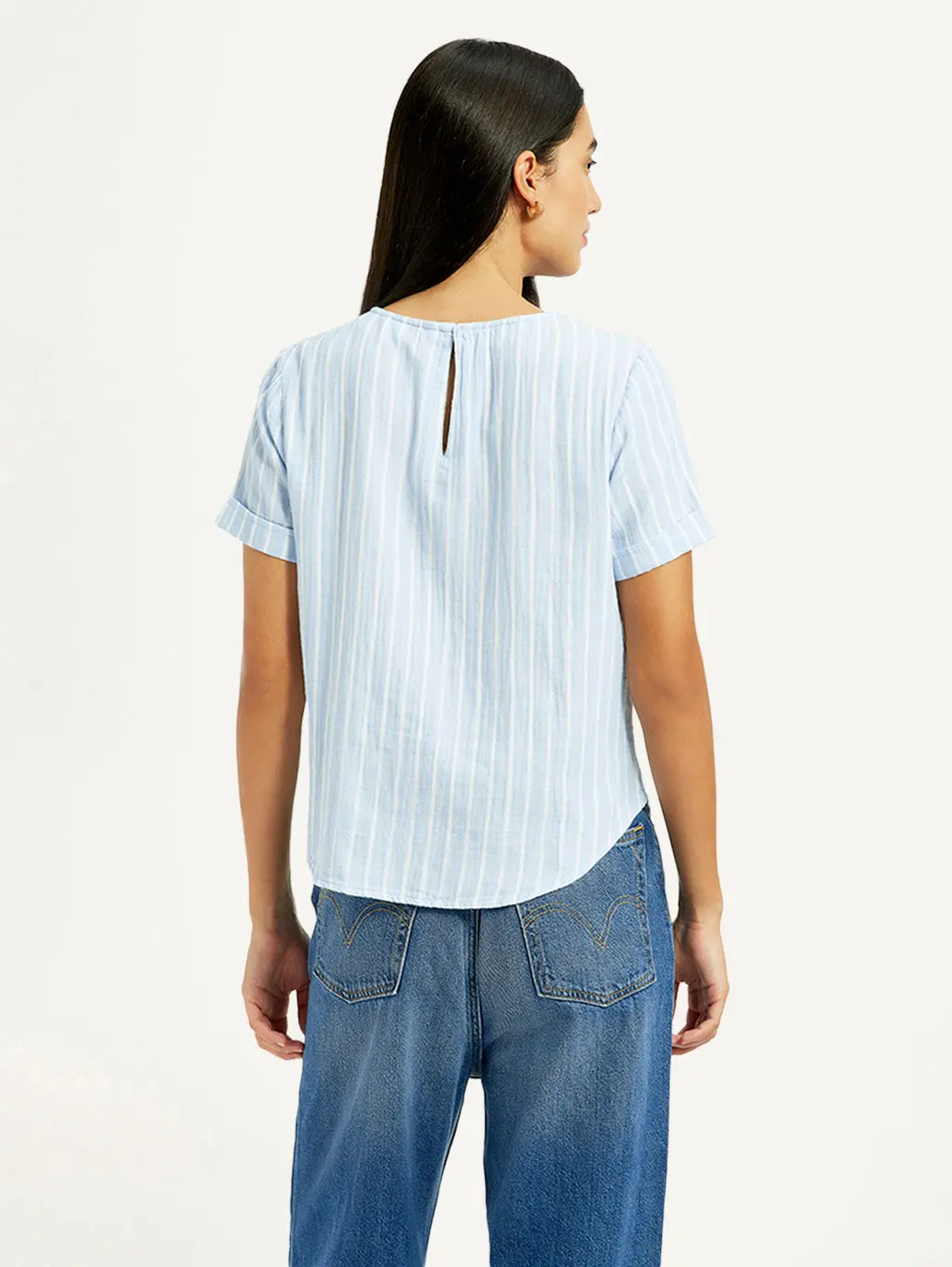 Women's Striped Light Blue Regular Fit Top 2