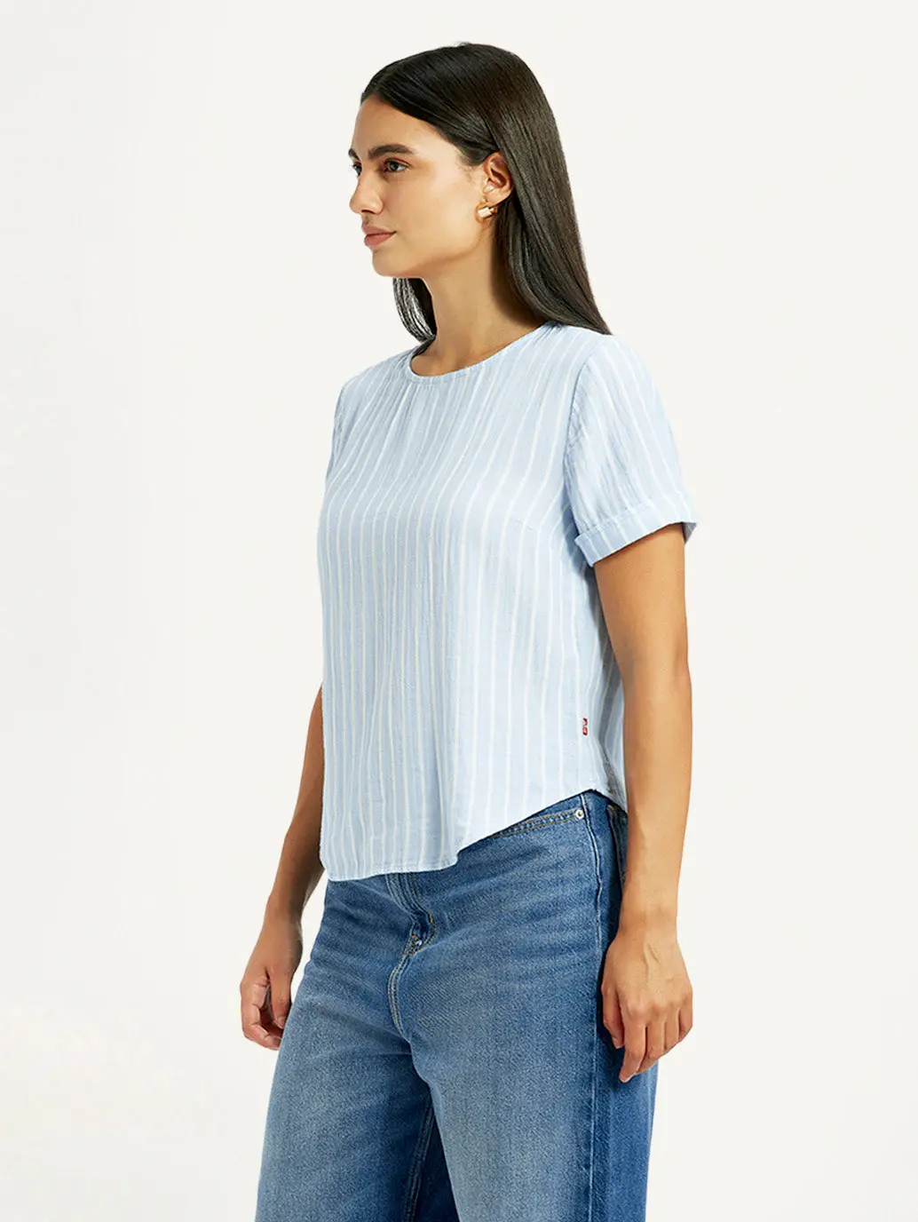 Women's Striped Light Blue Regular Fit Top 4