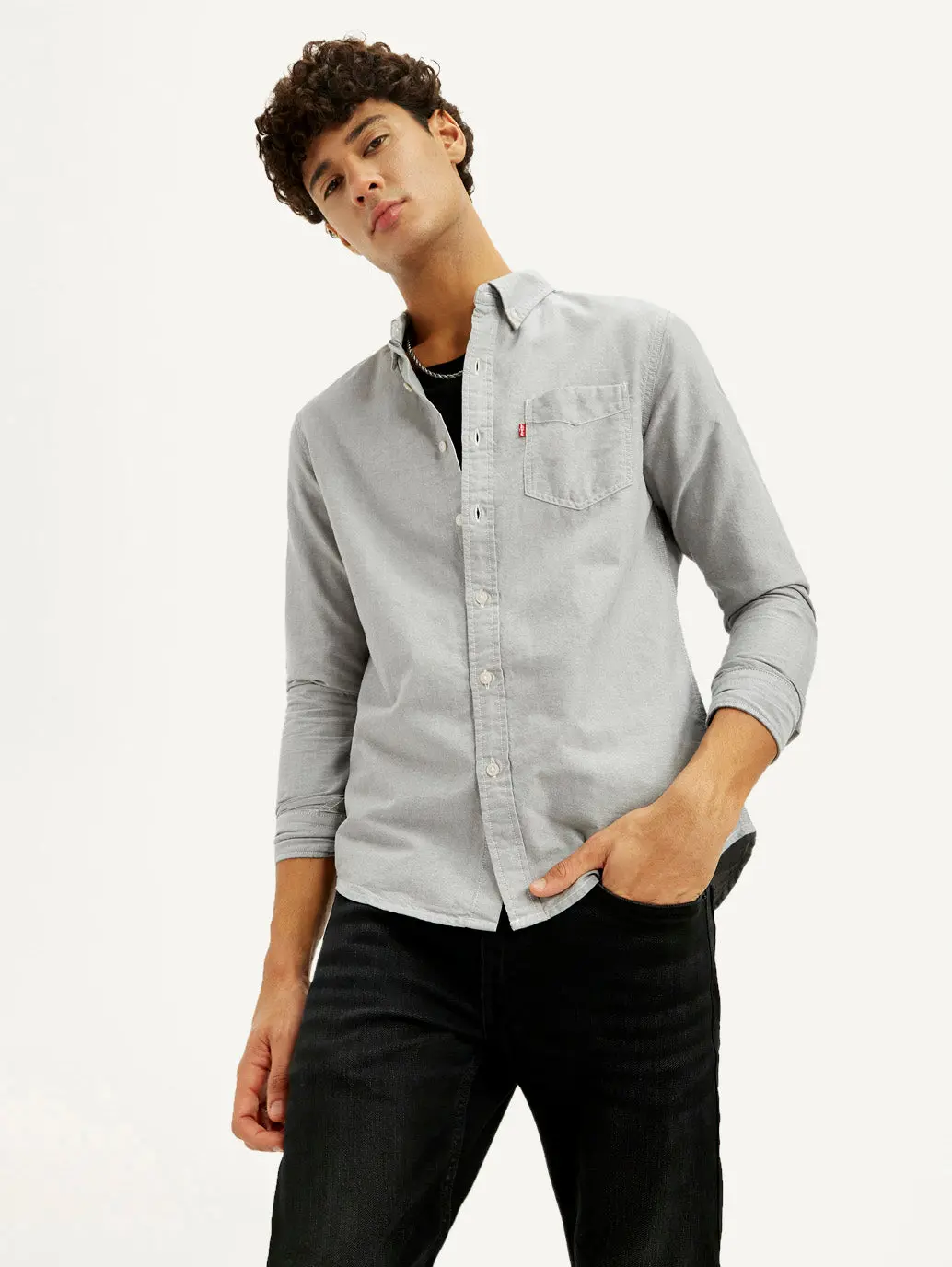 Men's Solid Light Grey Slim Fit Oxford Shirt 1