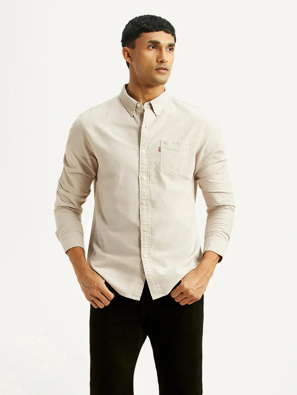Men's Solid Beige Slim Fit Oxford Shirt 1