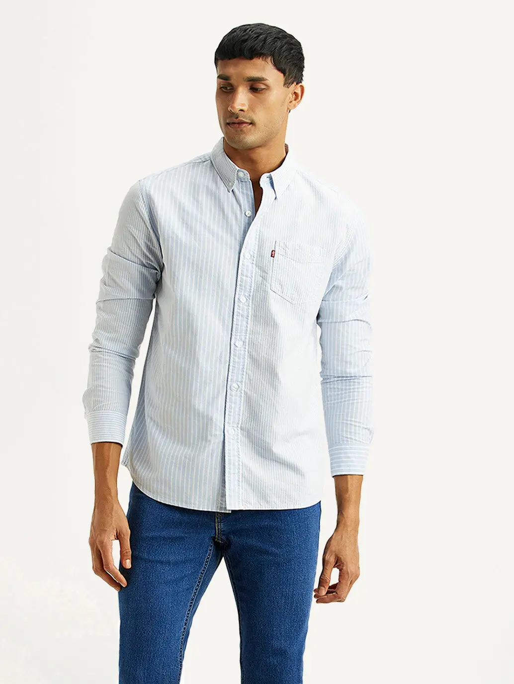 Men's Striped Light Blue Slim Fit Oxford Shirt 1