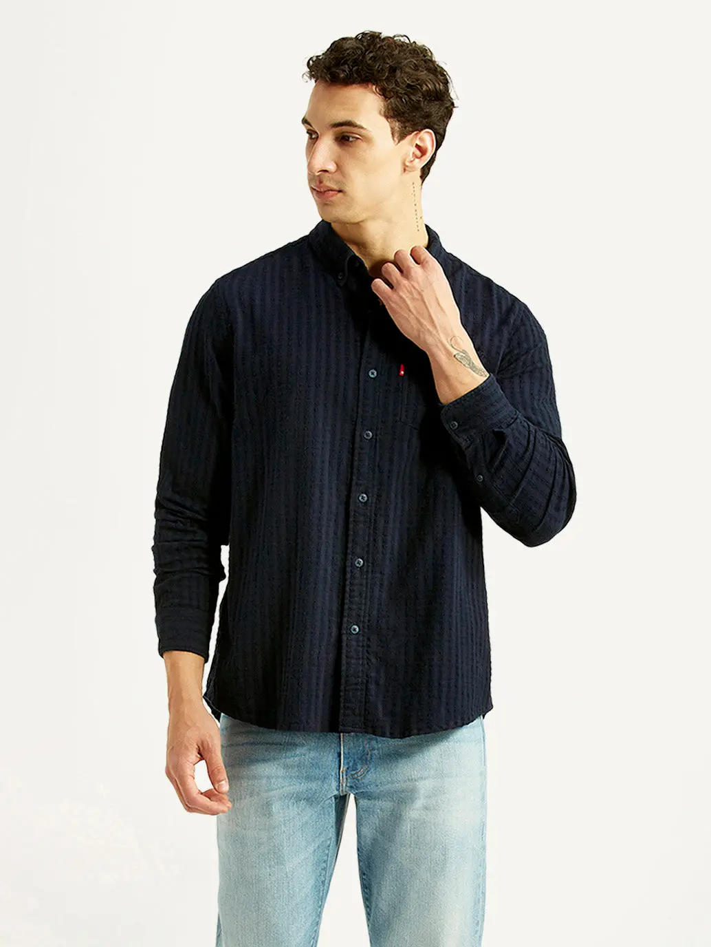 Men's Self Design Navy Slim Fit Shirt 1