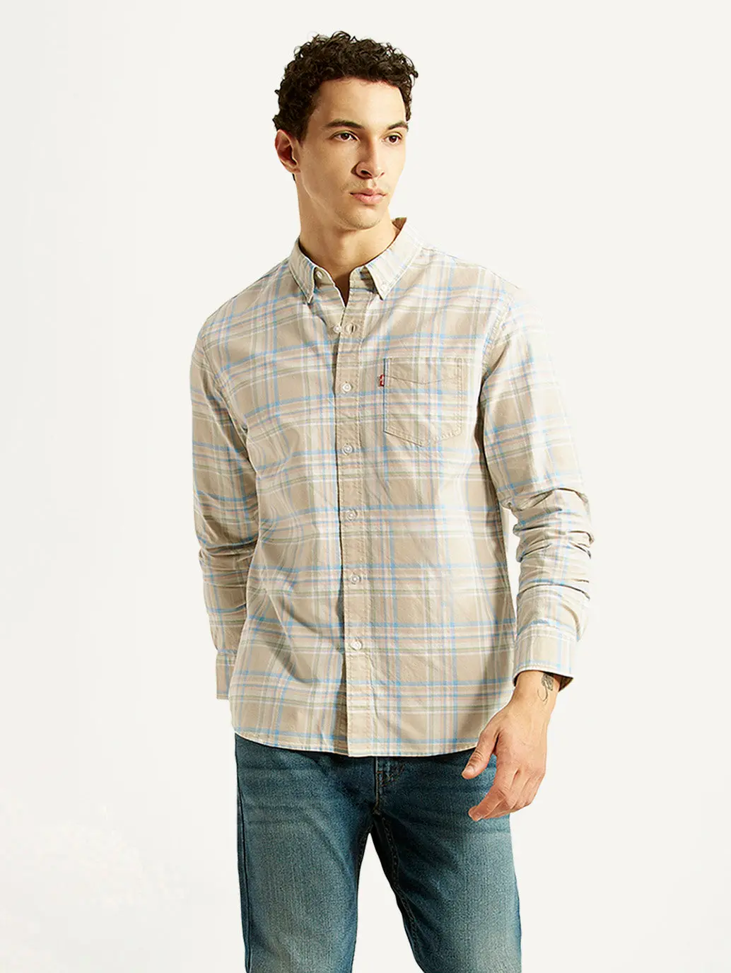 Men's Checkered Beige Slim Fit Oxford Shirt 1