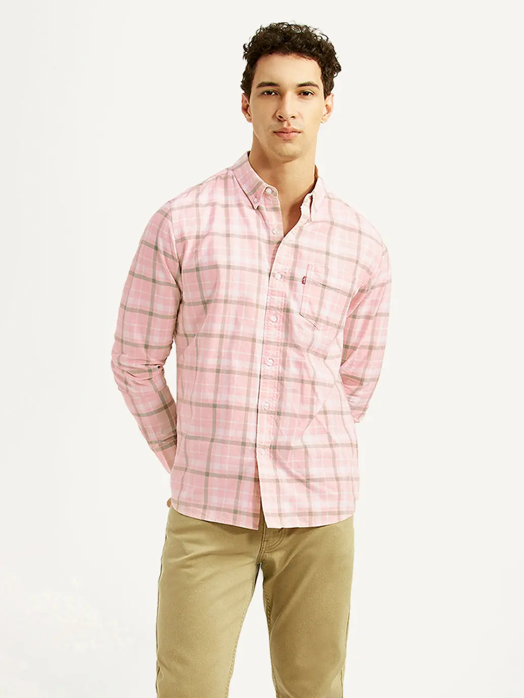 Men's Checkered Pink Slim Fit Oxford Shirt 1