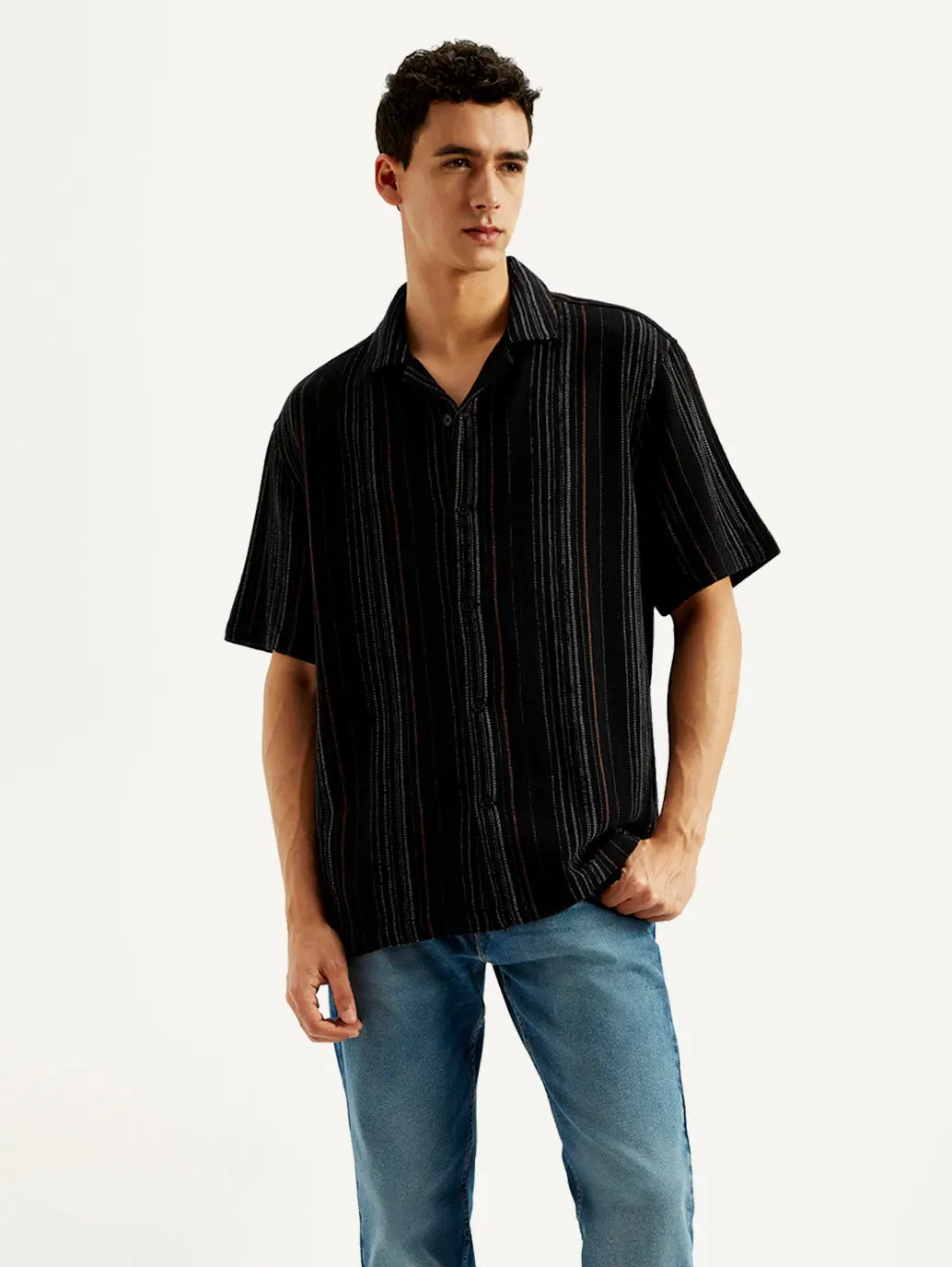 Men's Striped Slim Fit Resort Collar Shirt 5
