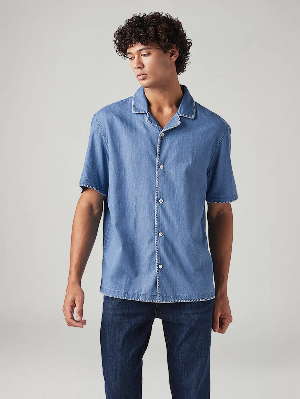 Men's Solid Relaxed Fit Embroidered Resort Collar Shirt 1