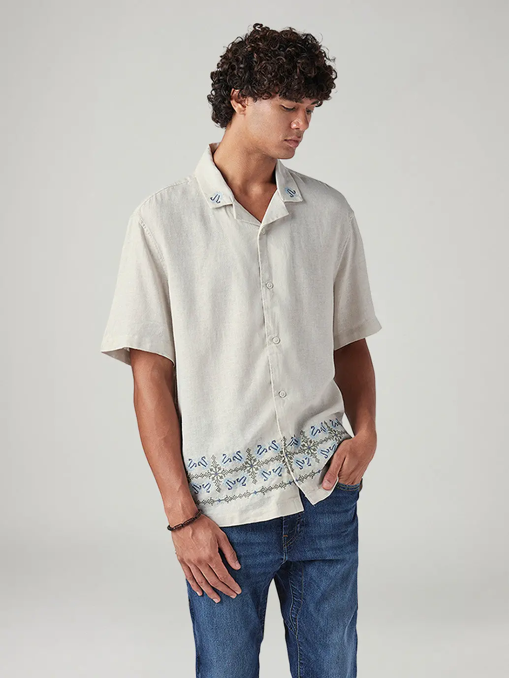 Men's Embroidered Relaxed Fit Resort Collar Linen Shirt 1
