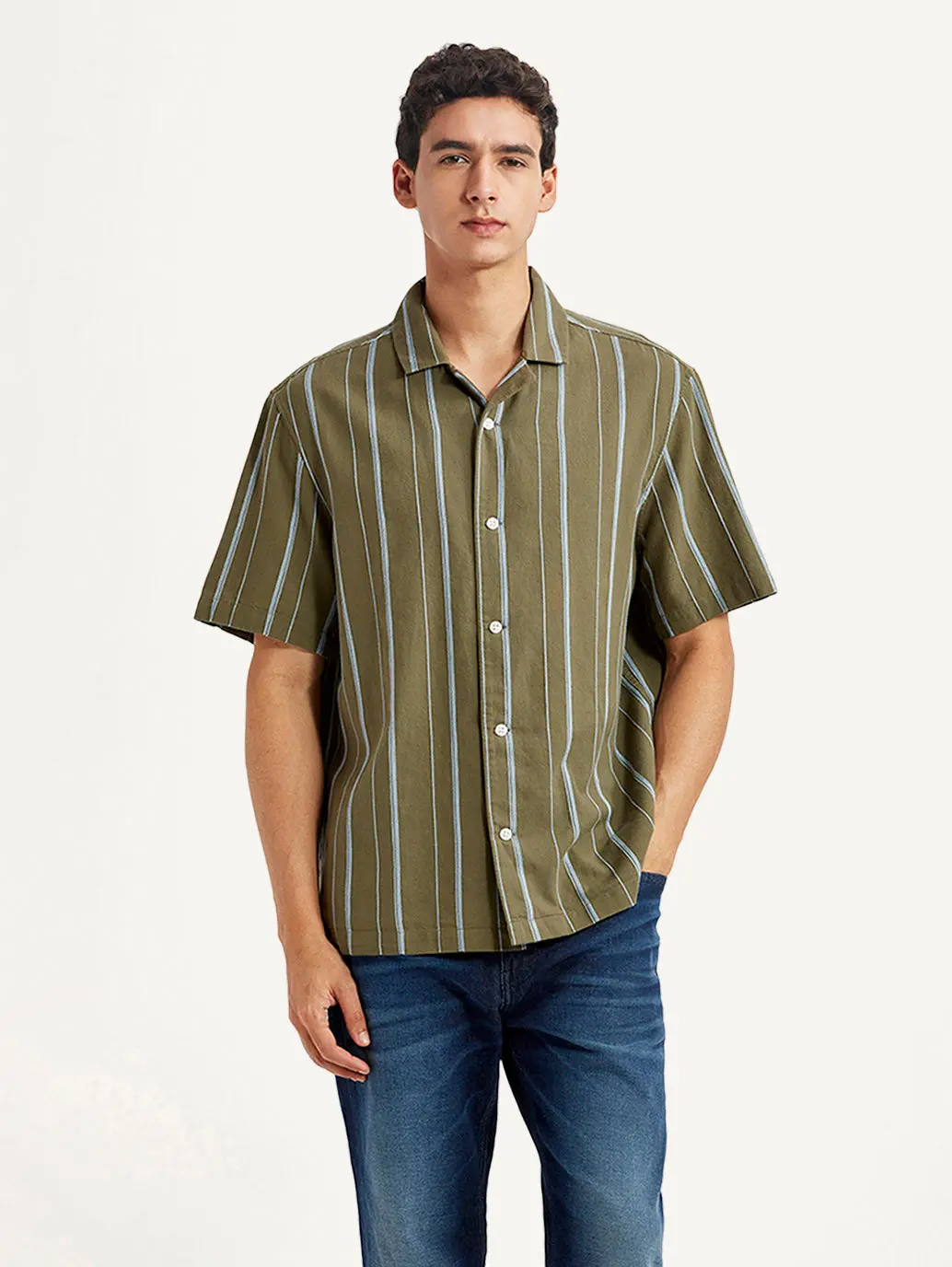 Men's Striped Olive Relaxed Fit Camp Shirt 1