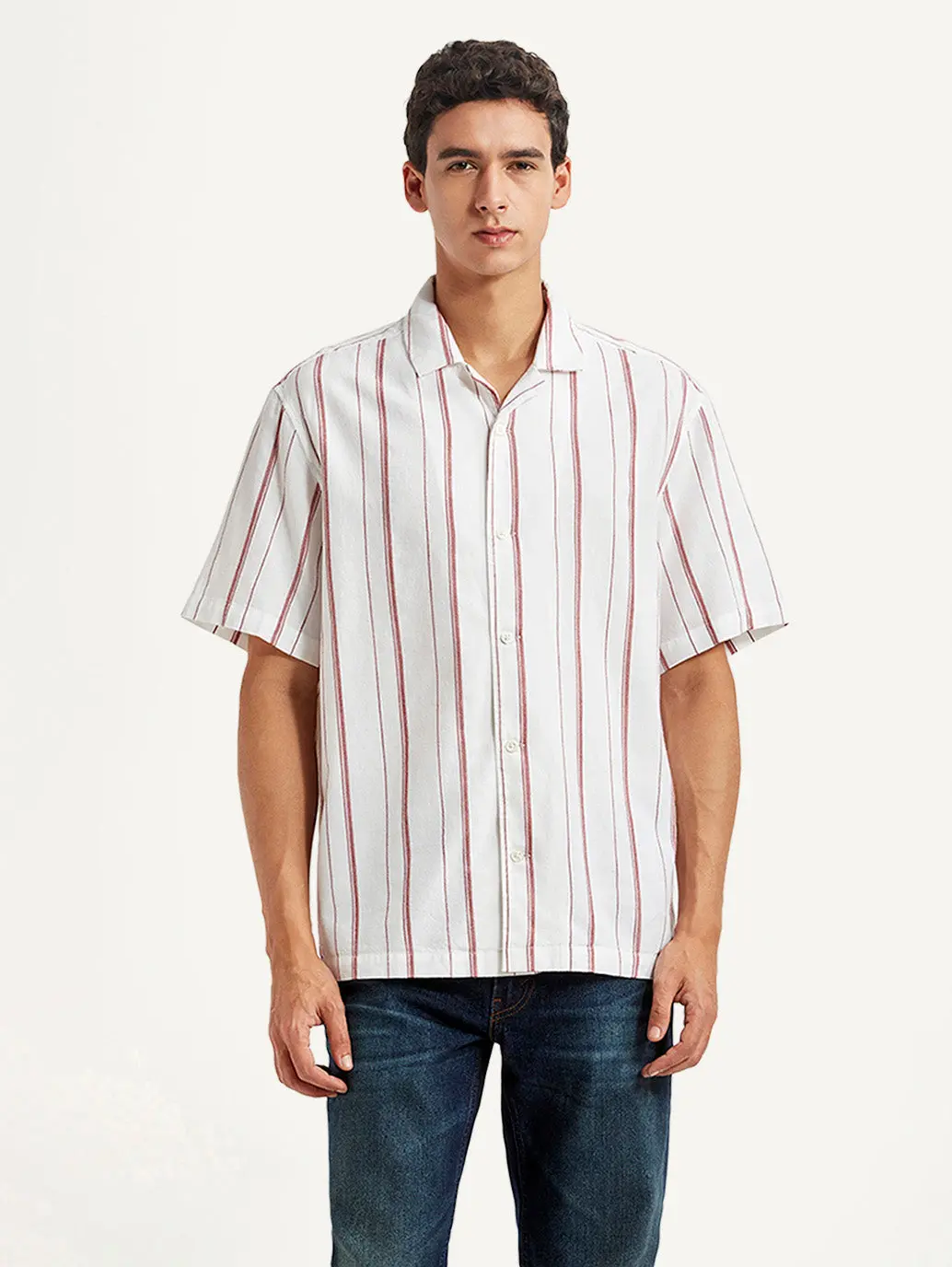 Men's Striped White Relaxed Fit Camp Shirt 1