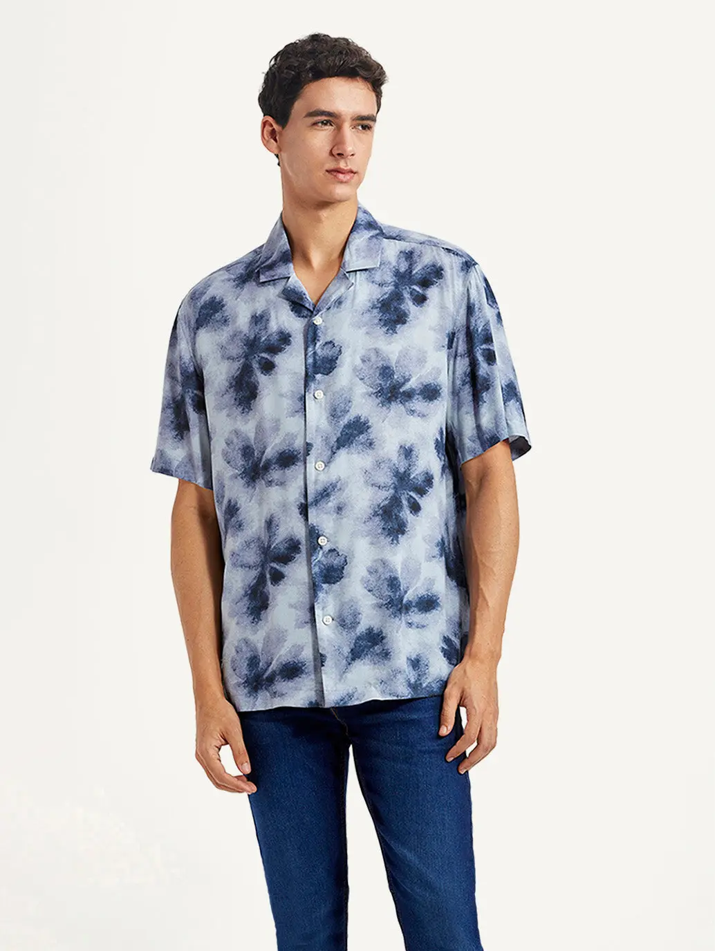 Men's Floral Light Blue Relaxed Fit Camp Shirt 1