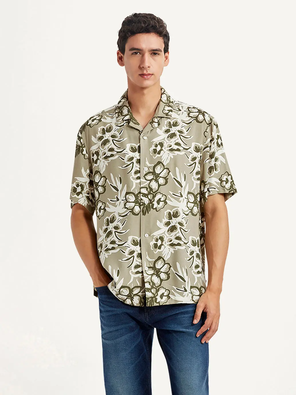 Men's Floral Beige Relaxed Fit Camp Shirt 1